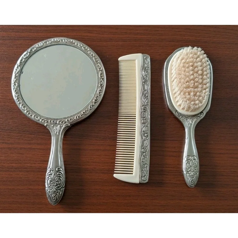 Vintage Silver Plated Vanity Set Mirror Brush Comb 3 Piece Victorian Ornate